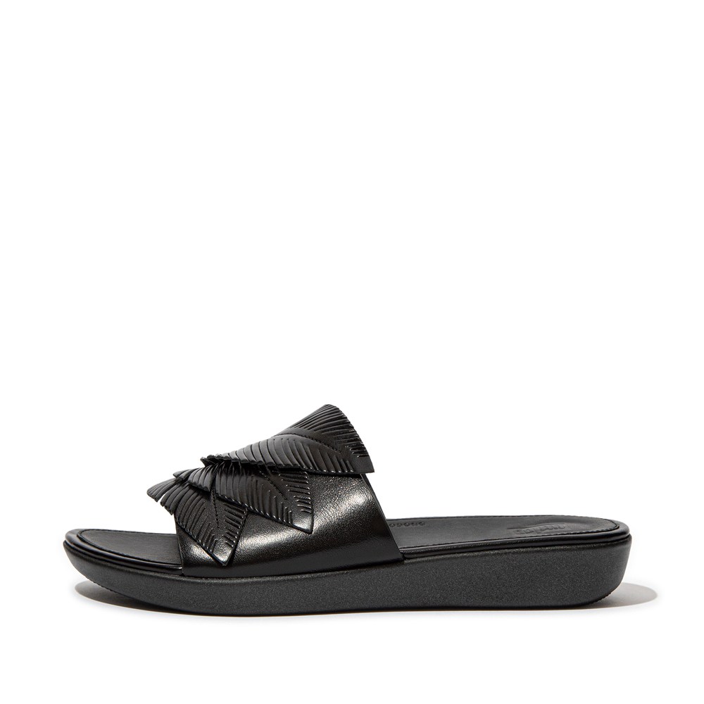 Fitflop Womens Slides Black - Sola Feather Metallic Leather - 82LPHUQZW